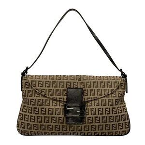 Auth FENDI Zucchino 8BR002 Beige Dark Brown Jacquard Leather Handbag